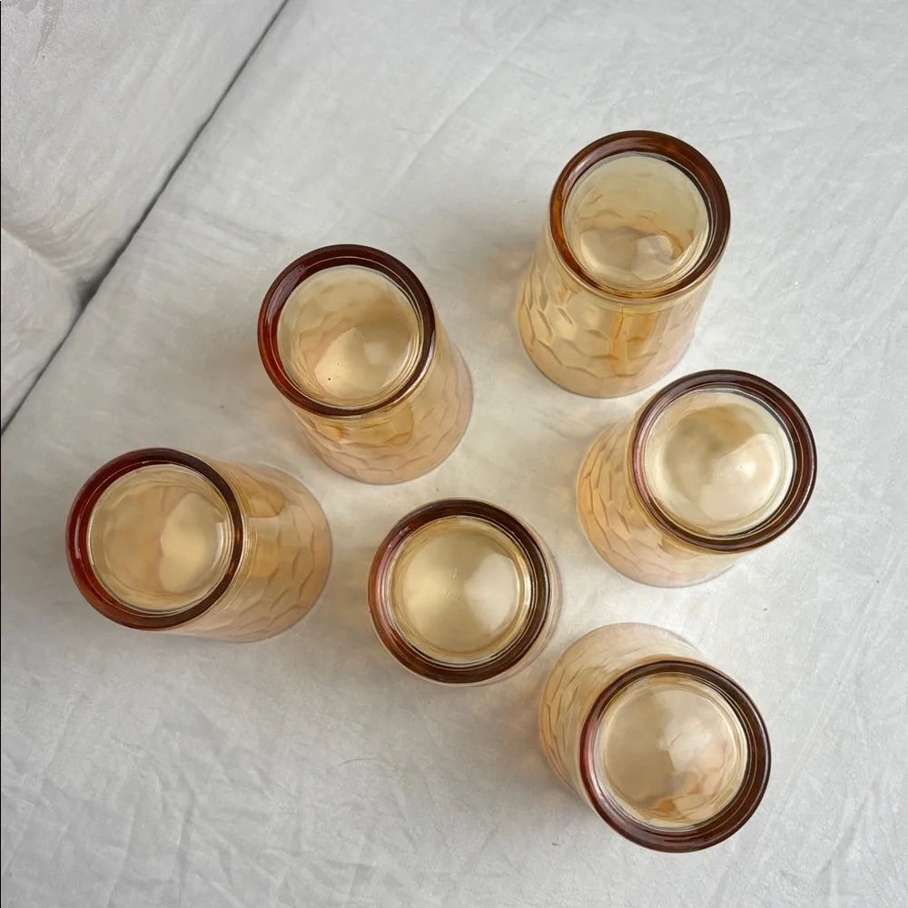Vintage Jeanette Iridescent Marigold Carnival Glass Pitcher and 6 Tumblers